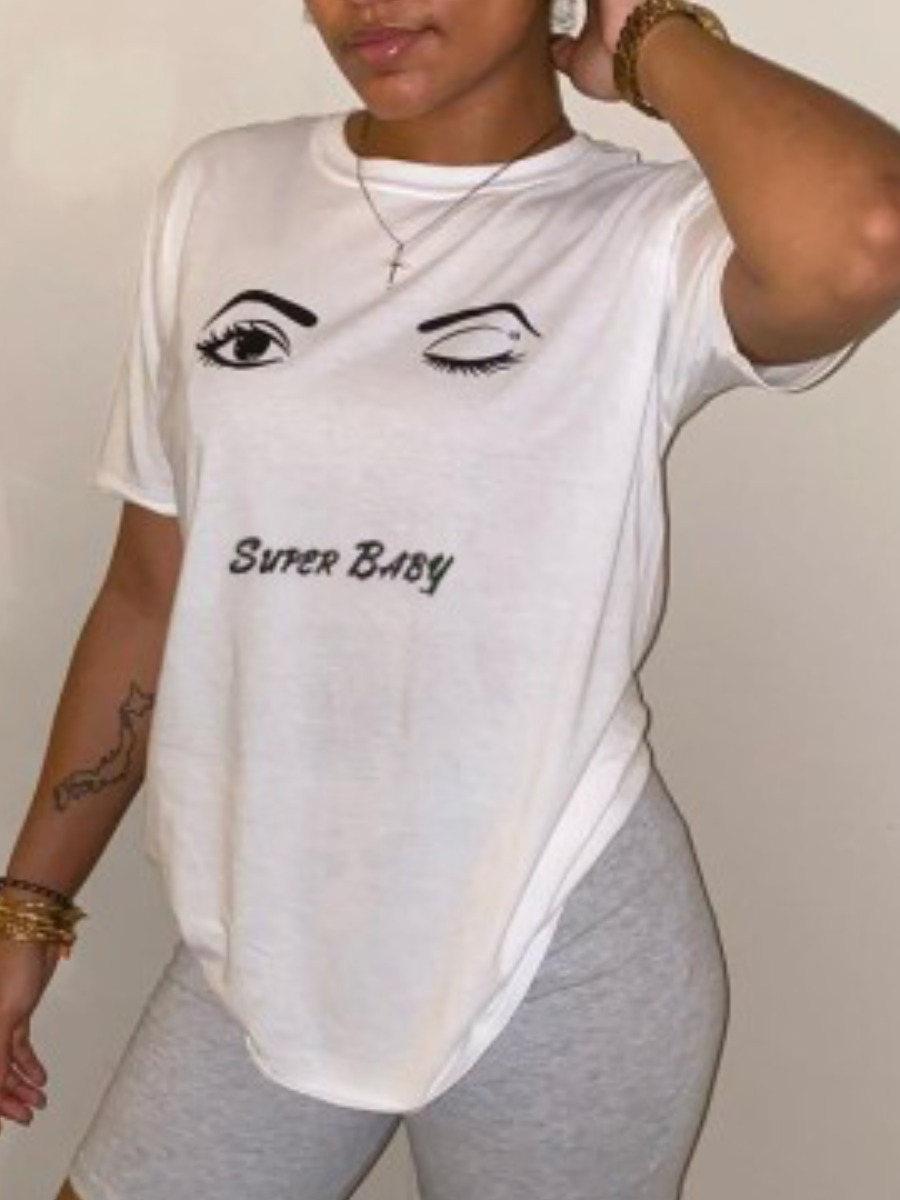 

Lovely Plus Size Casual O Neck Eye Letter Print White T-shirt