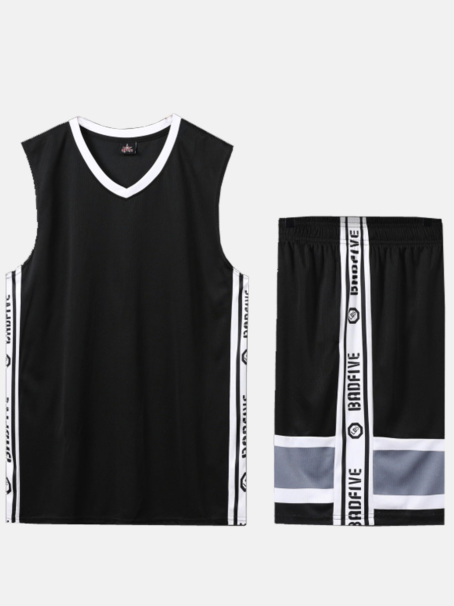 

Lovely Men Sporty Letter Print Striped Black Two Piece Shorts Set