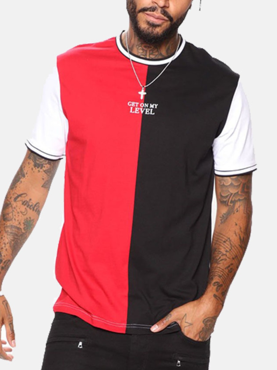 

Lovely Men Casual Letter Print Patchwork Red T-shirt