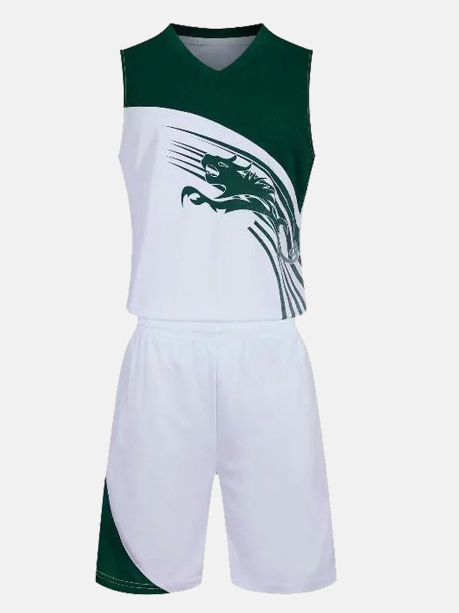 

Lovely Men Sporty V Neck Print Patchwork White Two Piece Shorts Set