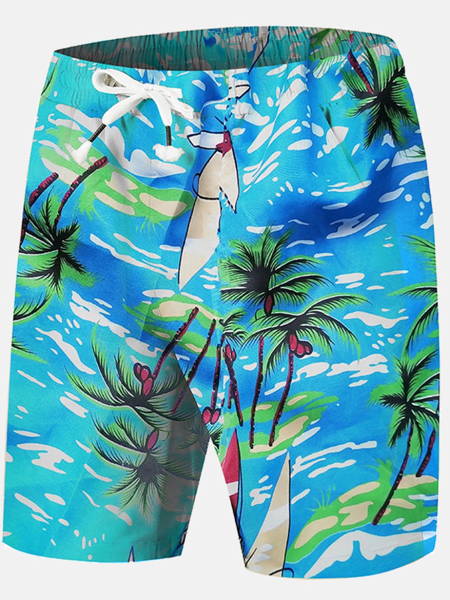

Lovely Men Boho Floral Print Drawstring Blue Shorts