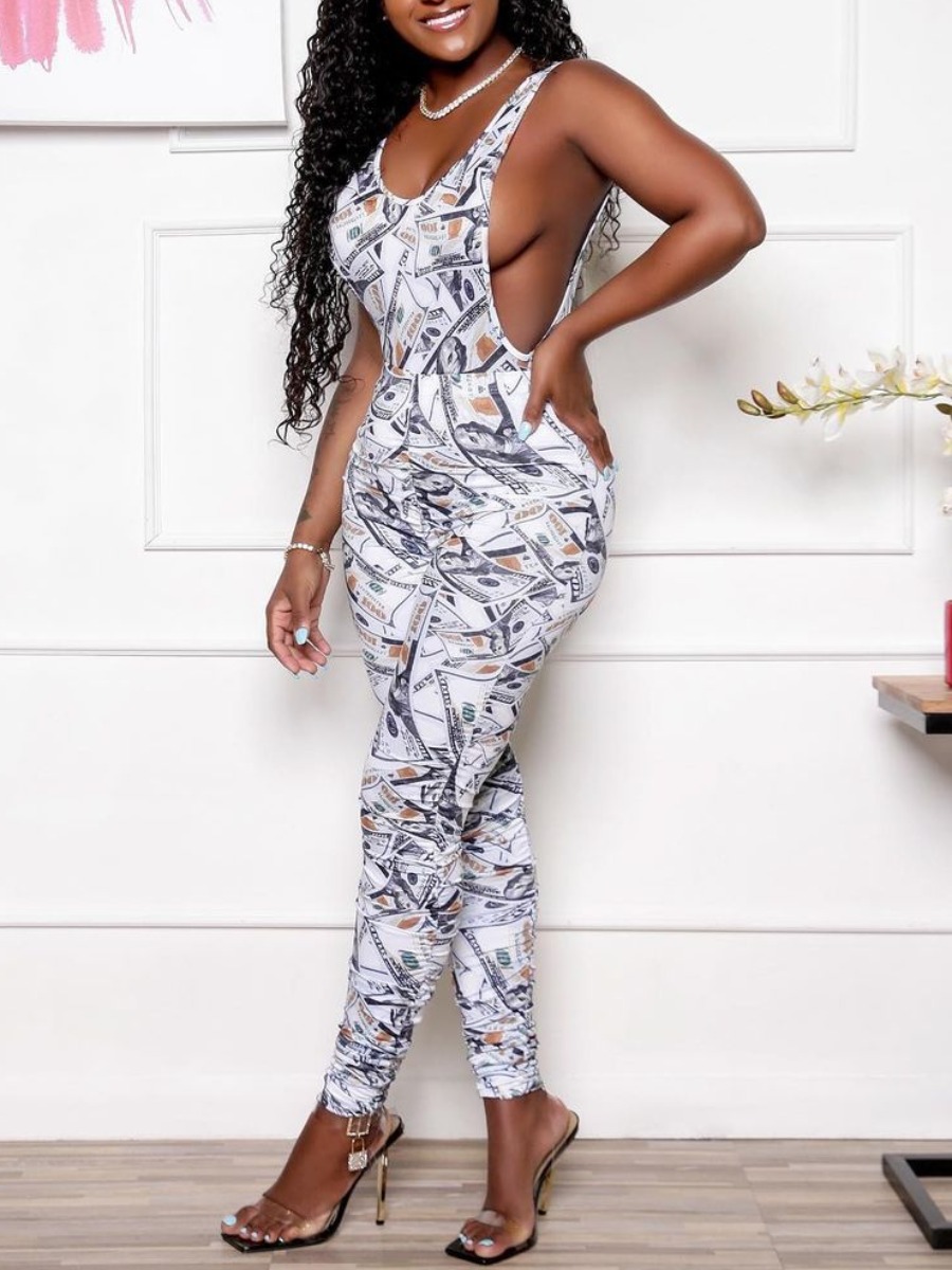 

Lovely Street U Neck Money Print White One-piece Jumpsuit
