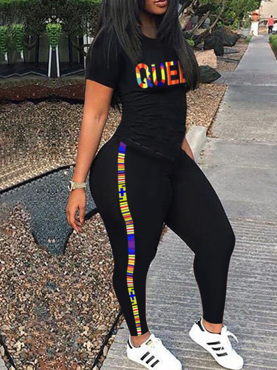 LW Plus Size Casual Letter Print Striped Black Two-piece Pants Set