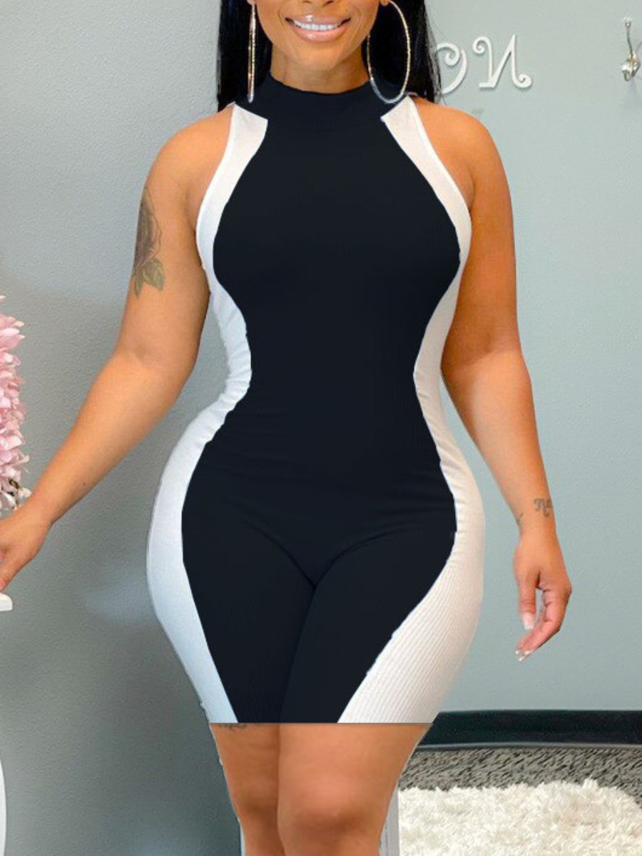 

Lovely Sporty O Neck Color-lump Black One-piece Romper