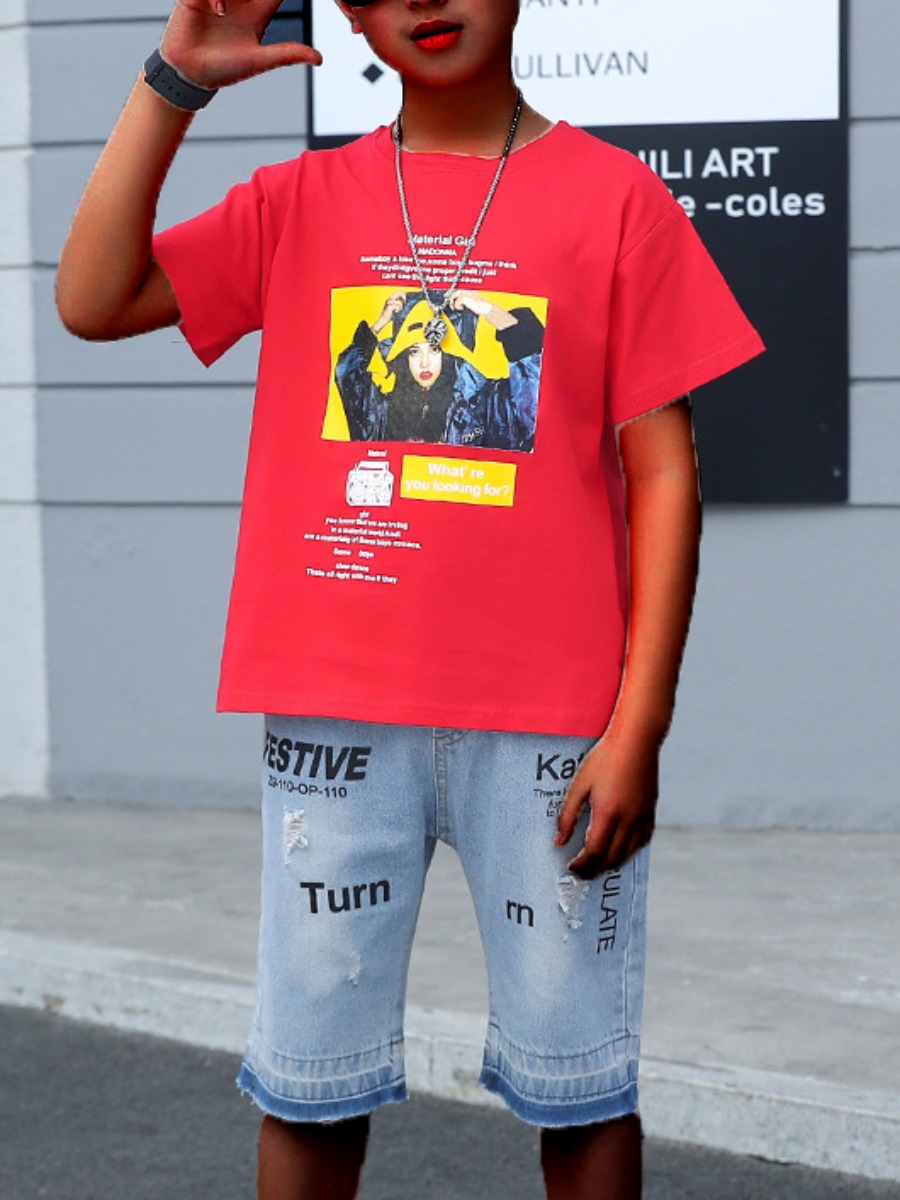 

Lovely Boy Street Letter Print Raw Edge Red Two Piece Shorts Set