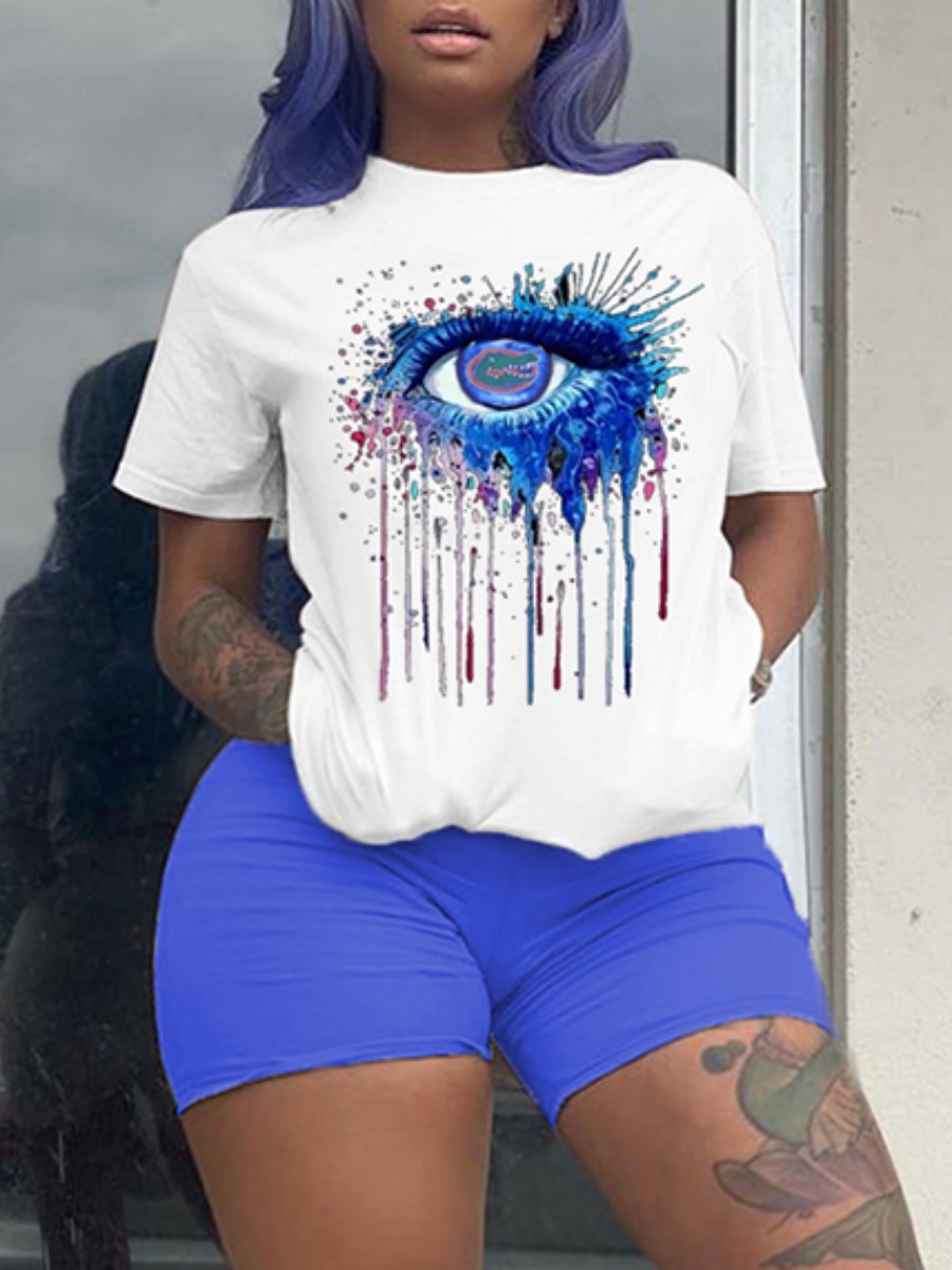 

Lovely Plus Size Casual O Neck Eye Print Blue Two-piece Shorts Set