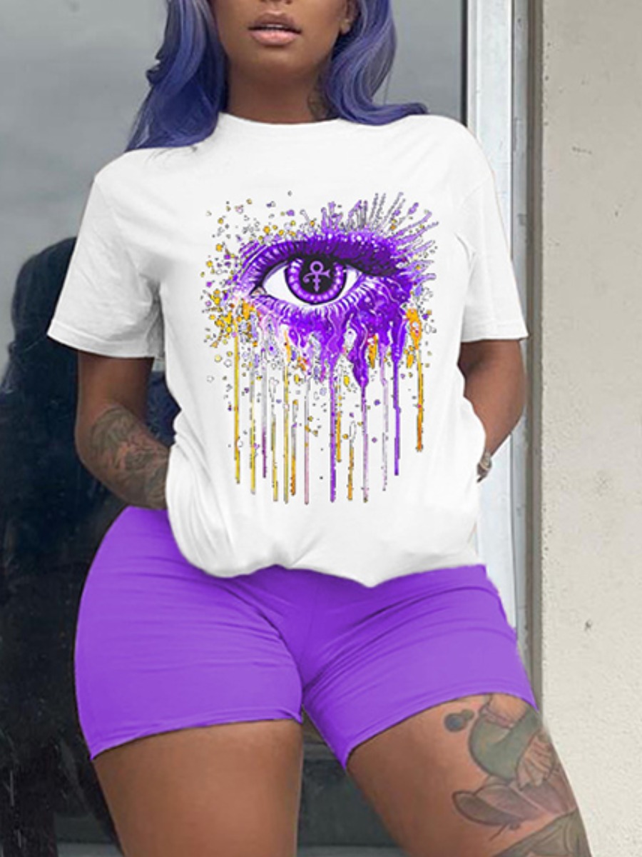

Lovely Plus Size Casual O Neck Eye Print Purple Two-piece Shorts Set