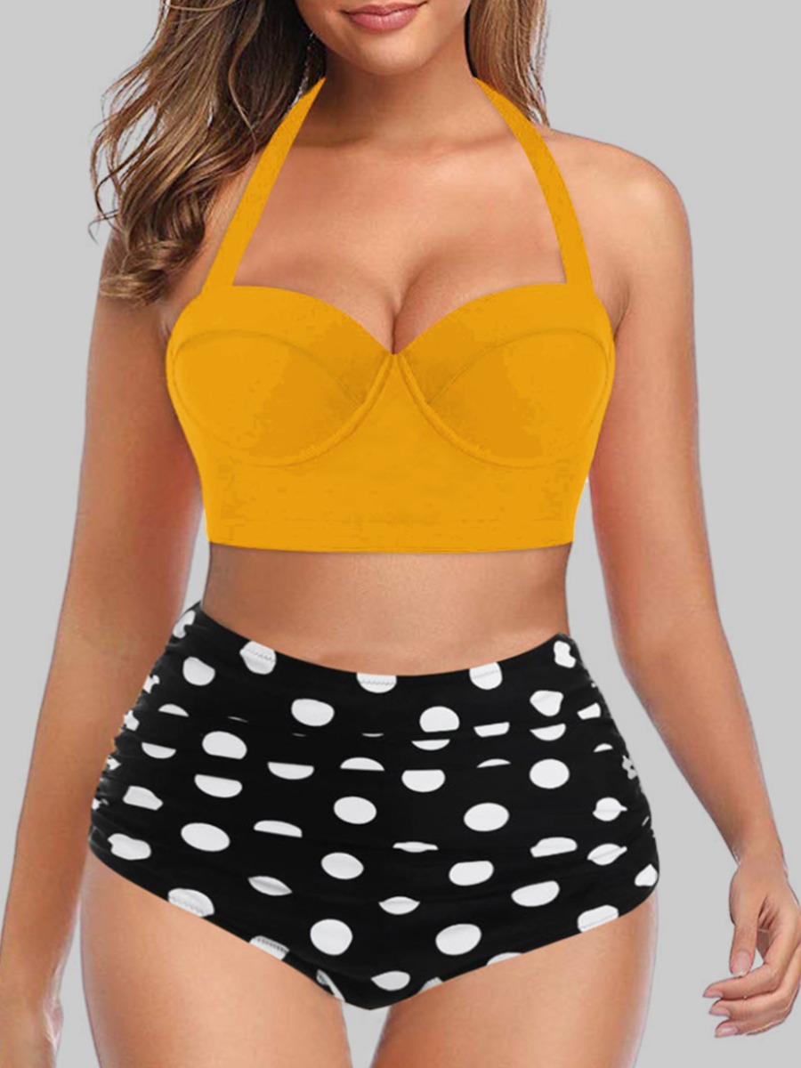 

Lovely Plus Size Boho Dot Print Yellow Two-piece Swimsuit