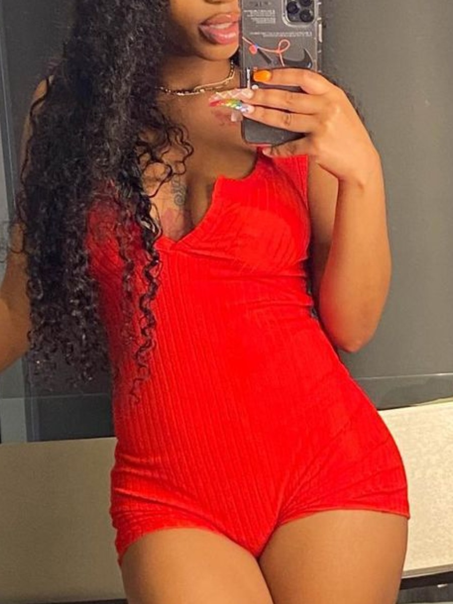 

Lovely Casual V Neck Rib-Knit Red One-piece Romper