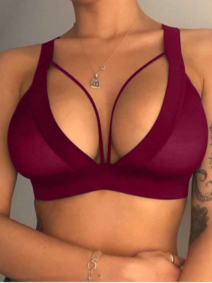 

LW SXY Bandage Hollow-out Design Wine Red Bra