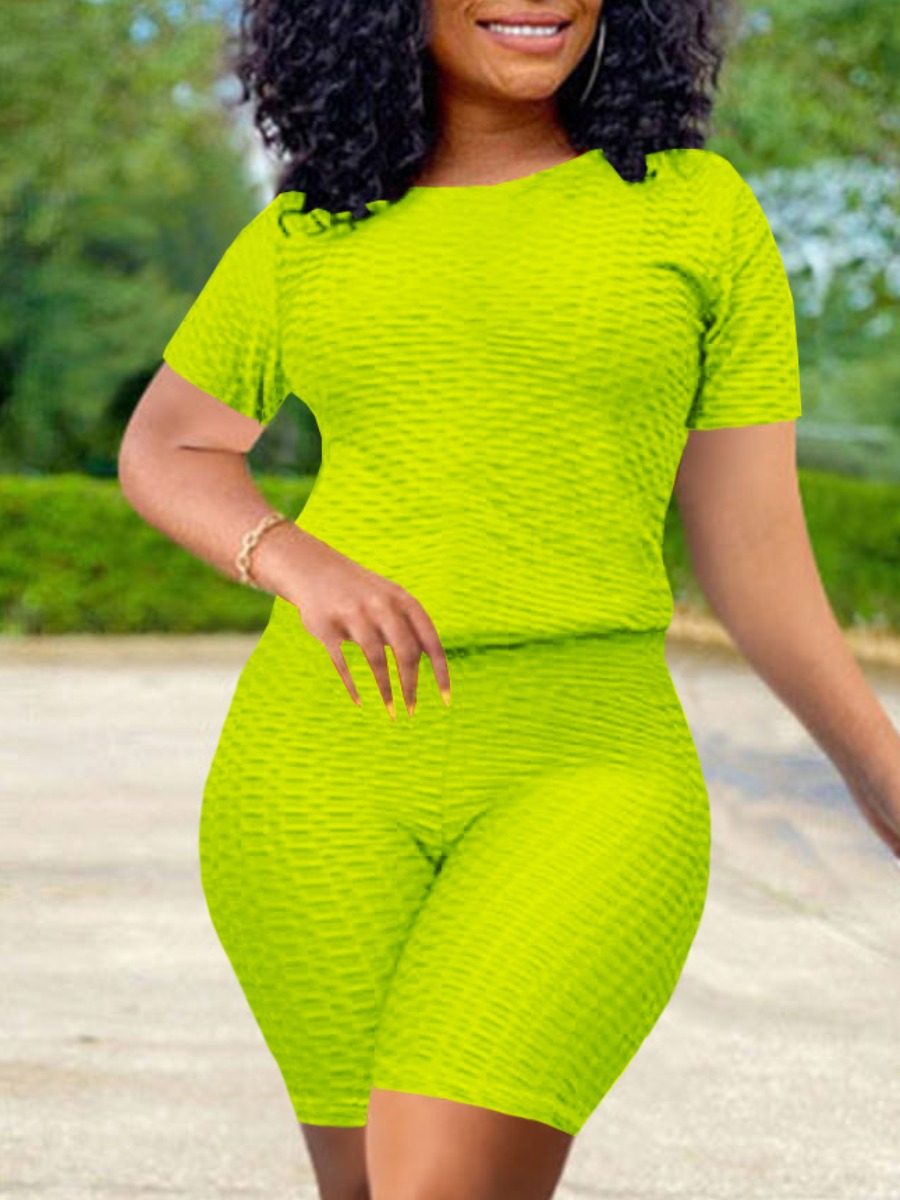 

LW Round Neck Stretchy Yoga Shorts Set, Green