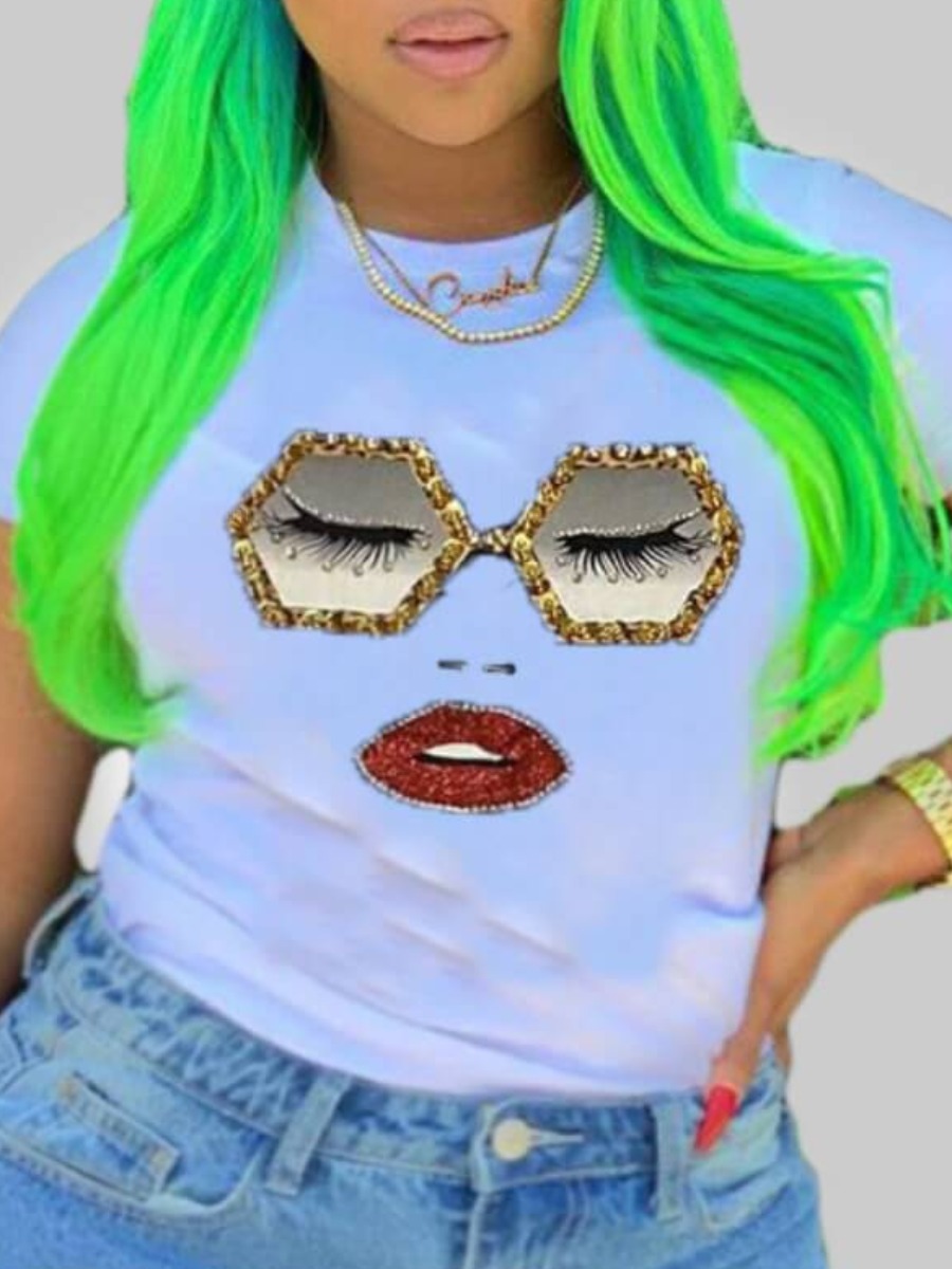 

Lovely Leisure O Neck Eye Lip Print White T-shirt