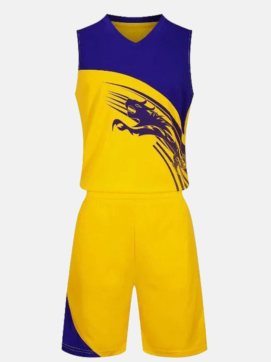 

Lovely Men Sporty V Neck Print Patchwork Yellow Two Piece Shorts Set