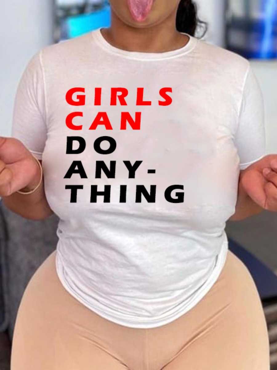 

Lovely Casual O Neck Letter Print White Plus Size T-shirt