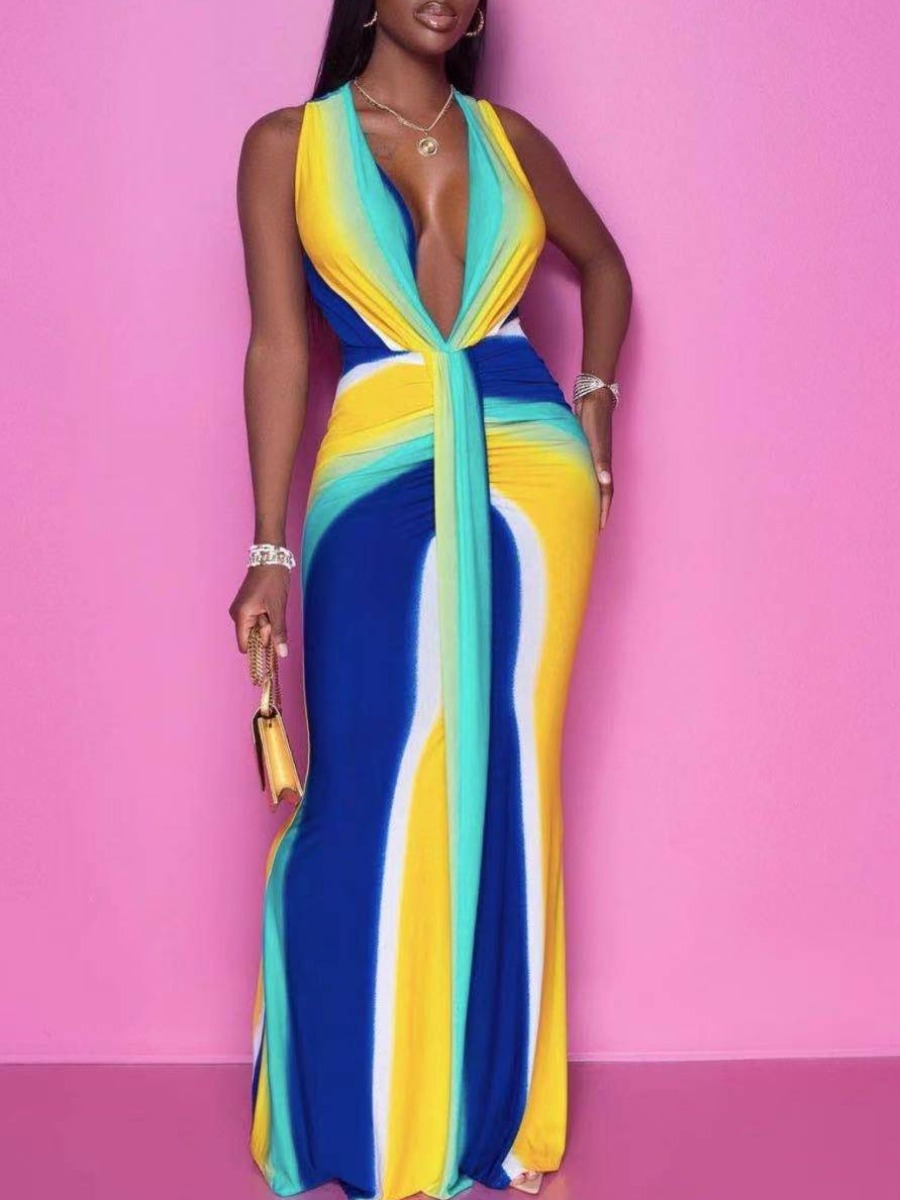 

Lovely Boho V Neck Striped Yellow Floor Length Dress