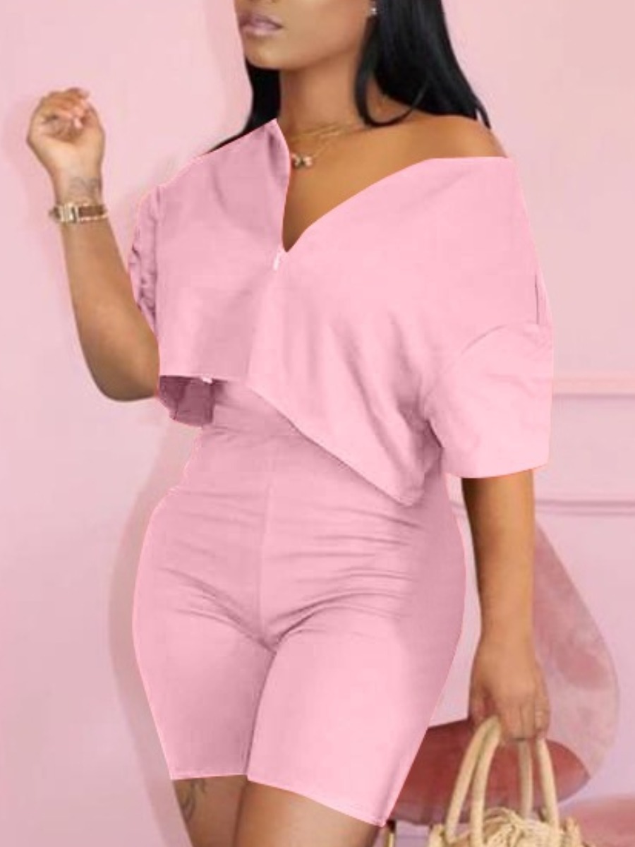 

LW Casual V Neck Elastic Pink Two Piece Shorts Set