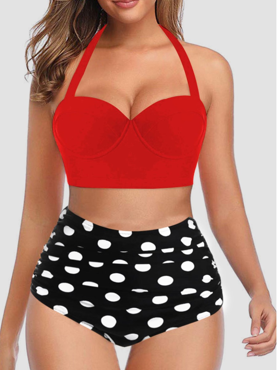 

Lovely Casual U Neck Dot Print Red Two-piece Swimsuit