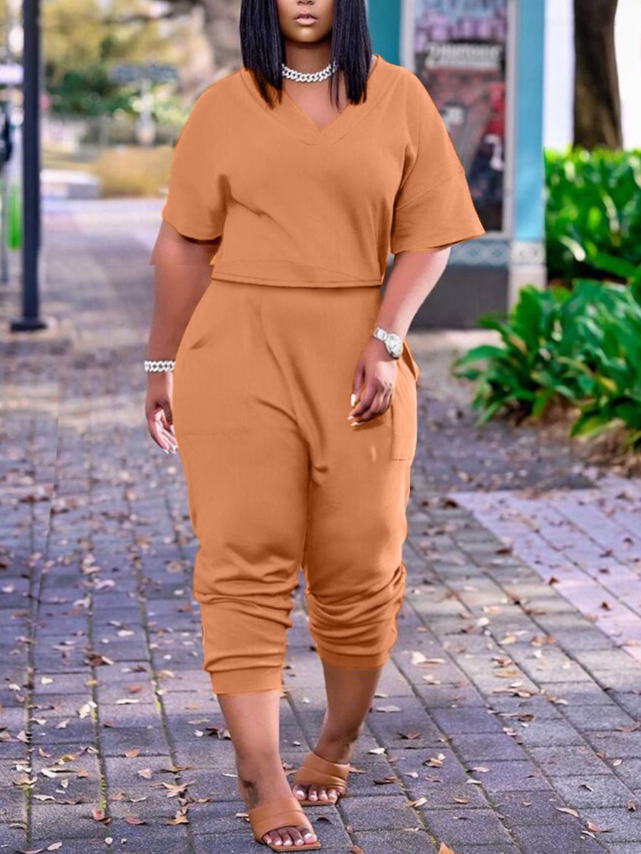 

Lovely Casual V Neck Loose Yellow Two Piece Pants Set
