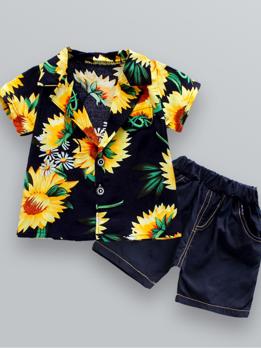 

Lovely Boy Boho Floral Print Navy Blue Two Piece Shorts Set