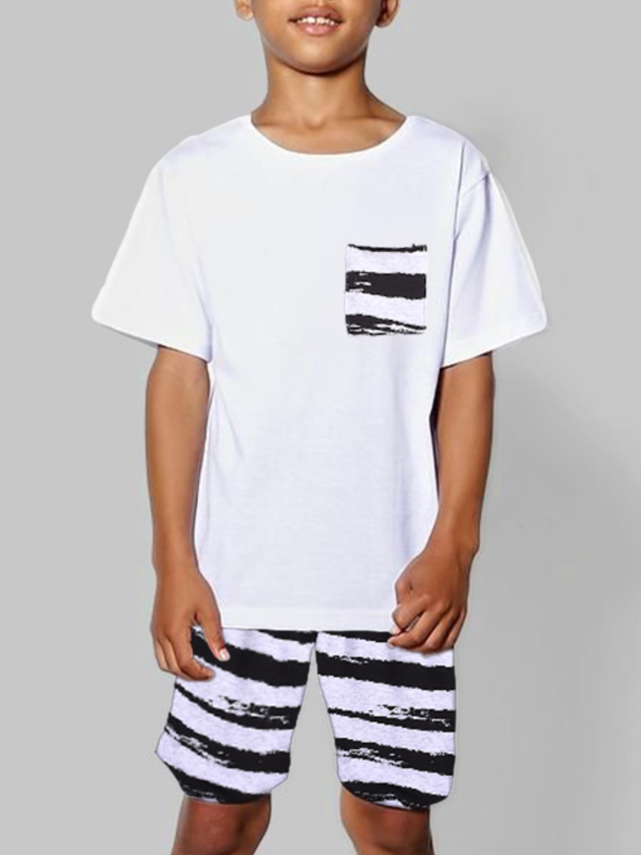 

Lovely Boy Casual Striped White Two Piece Shorts Set