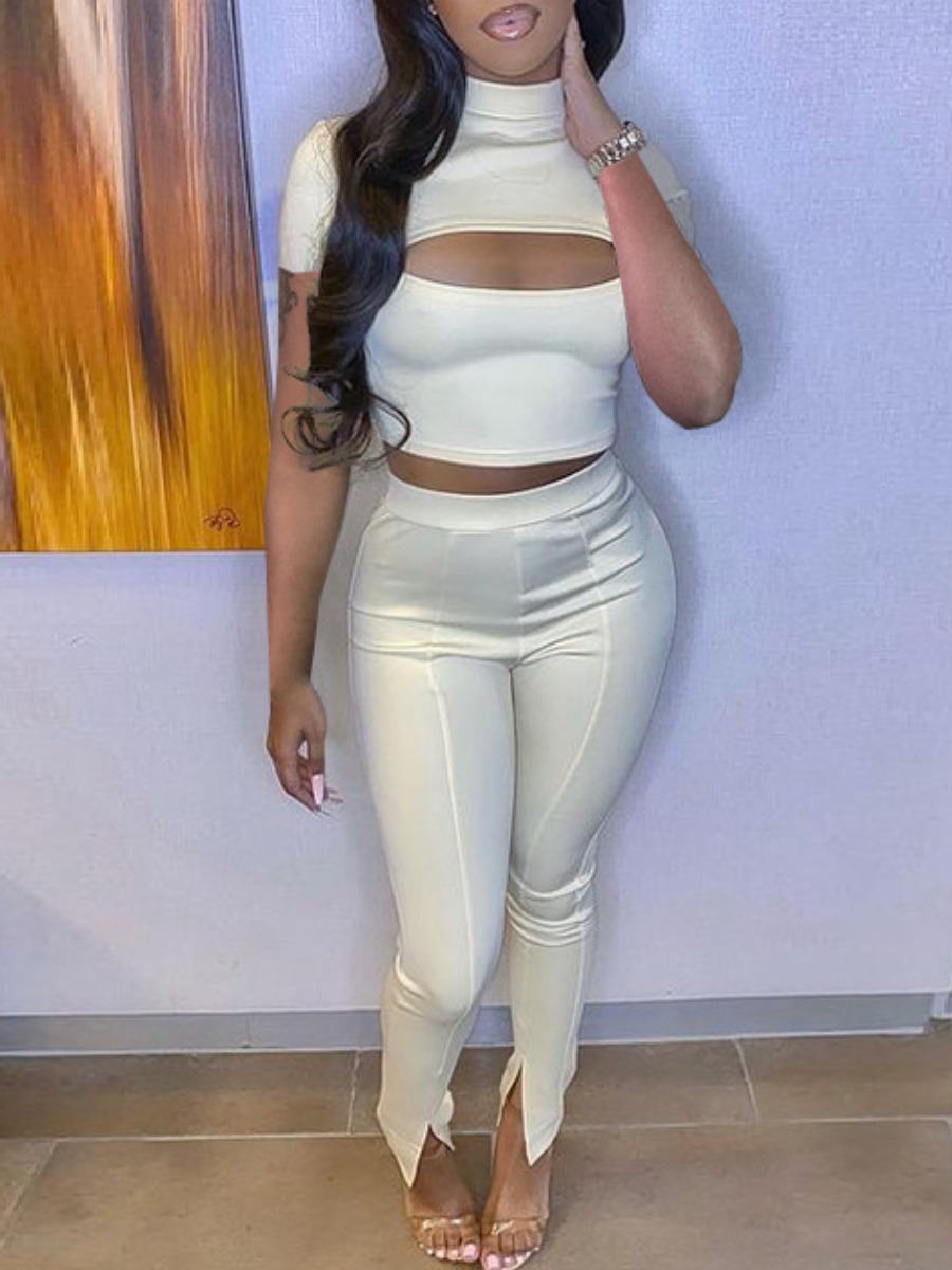 

Lovely Casual Turtleneck Hollow-out White Two Piece Pants Set