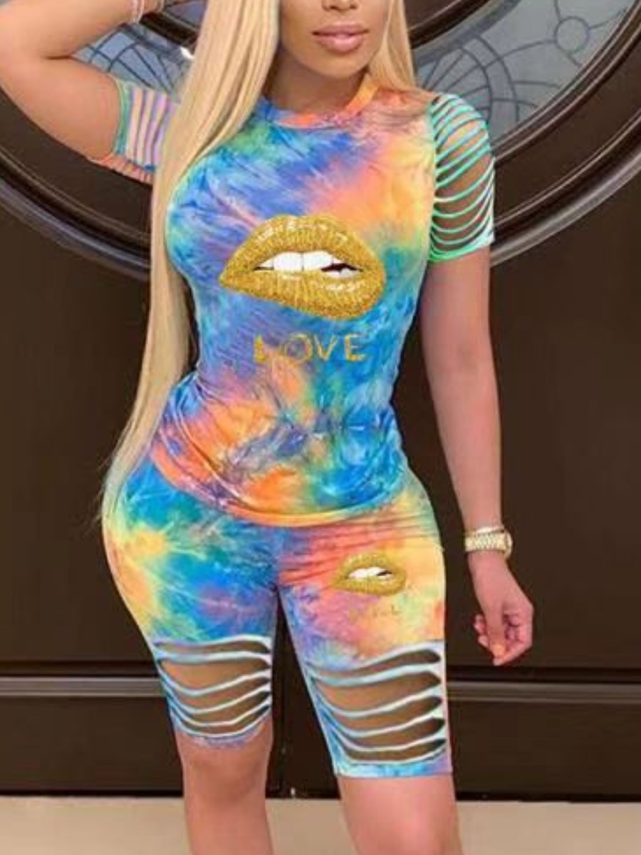

Lovely Casual Lip Print Tie Dye Ripped Baby Blue Two Piece Shorts Set
