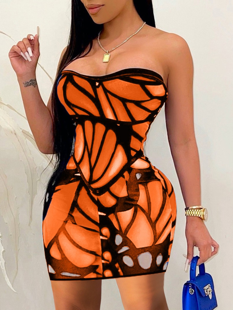

Lovely Sexy Off The Shoulder Butterfly Print Orange Mini Dress