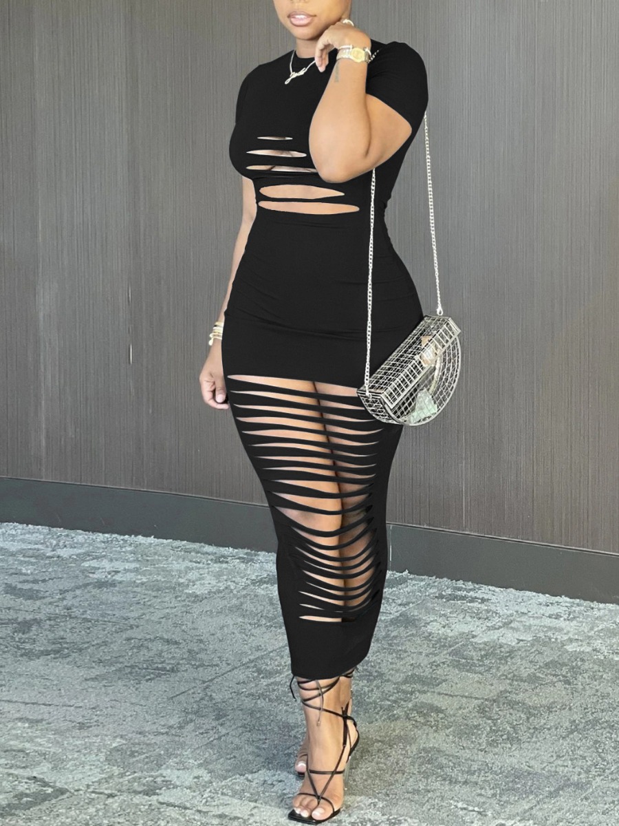 

Lovely Street O Neck Ripped Black Mid Calf Dress