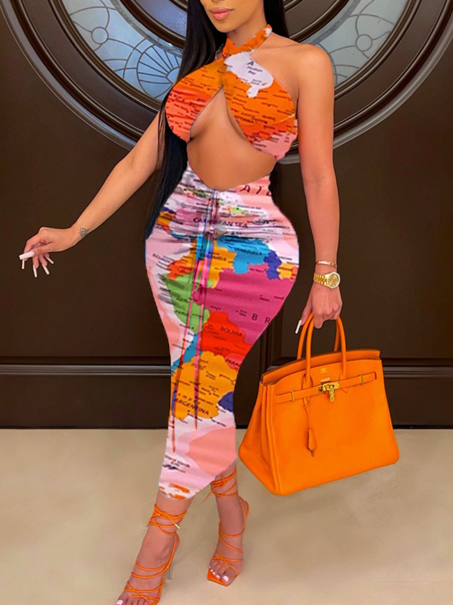 

Lovely Sexy Backless Map Print Criss Cross Pink Two Piece Skirt Set