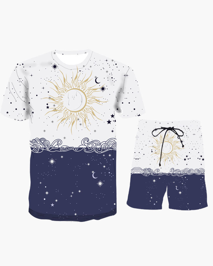 

Lovely Men Casual Starry Sky Print Drawstring White Two Piece Shorts Set