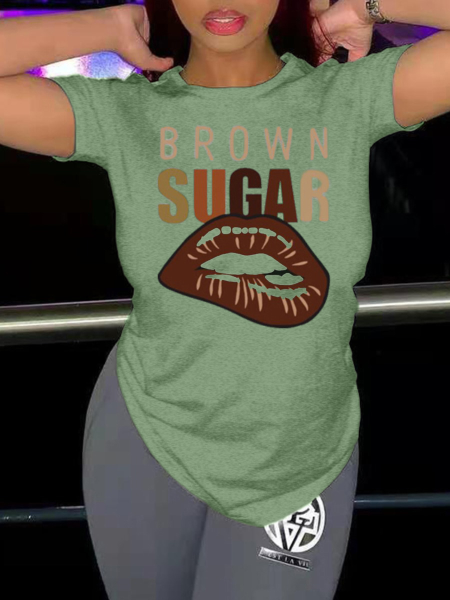 

Lovely Plus Size Casual Lip Letter Print Green T-shirt