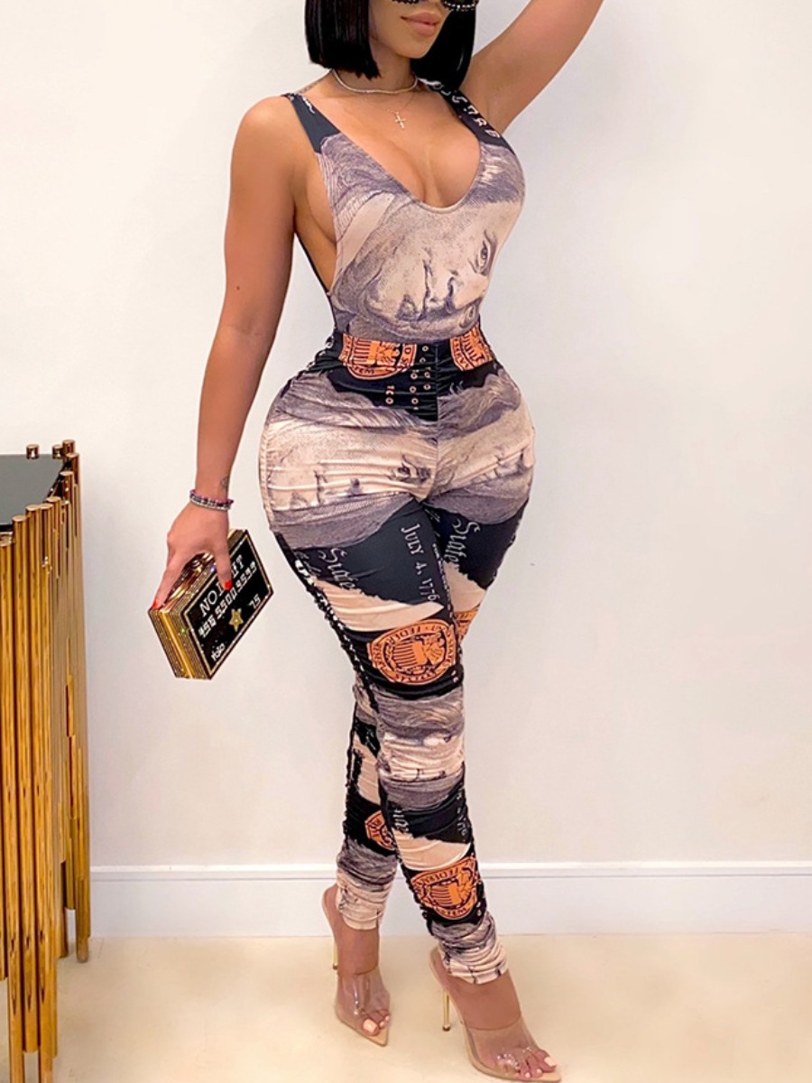 

Lovely Street U Neck Money Print Brown Two Piece Pants Set