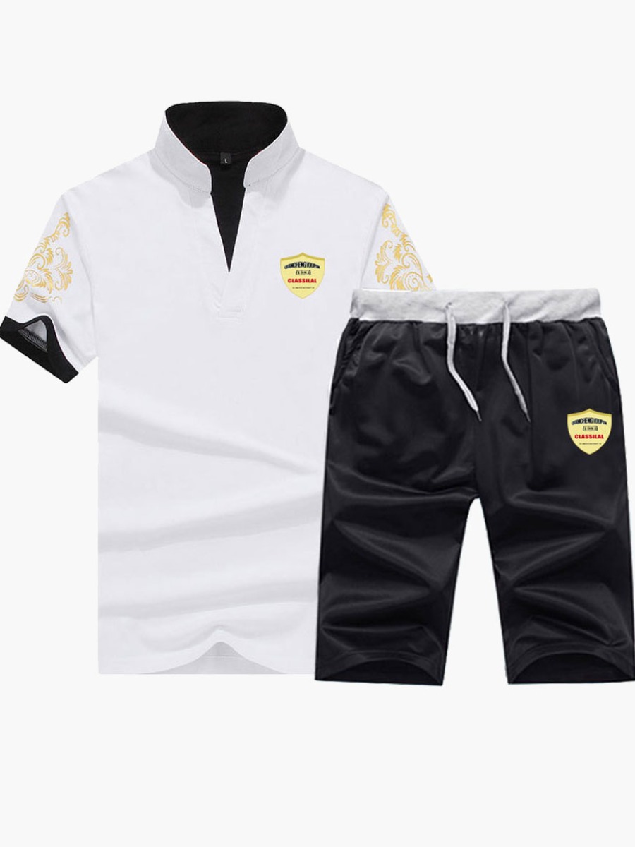 

Lovely Men Casual Mandarin Collar Drawstring White Two Piece Shorts Set