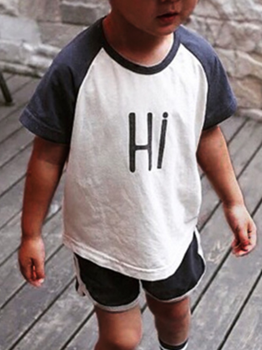 

Lovely Boy Sporty Letter Print Patchwork Dark Blue Two Piece Shorts Set