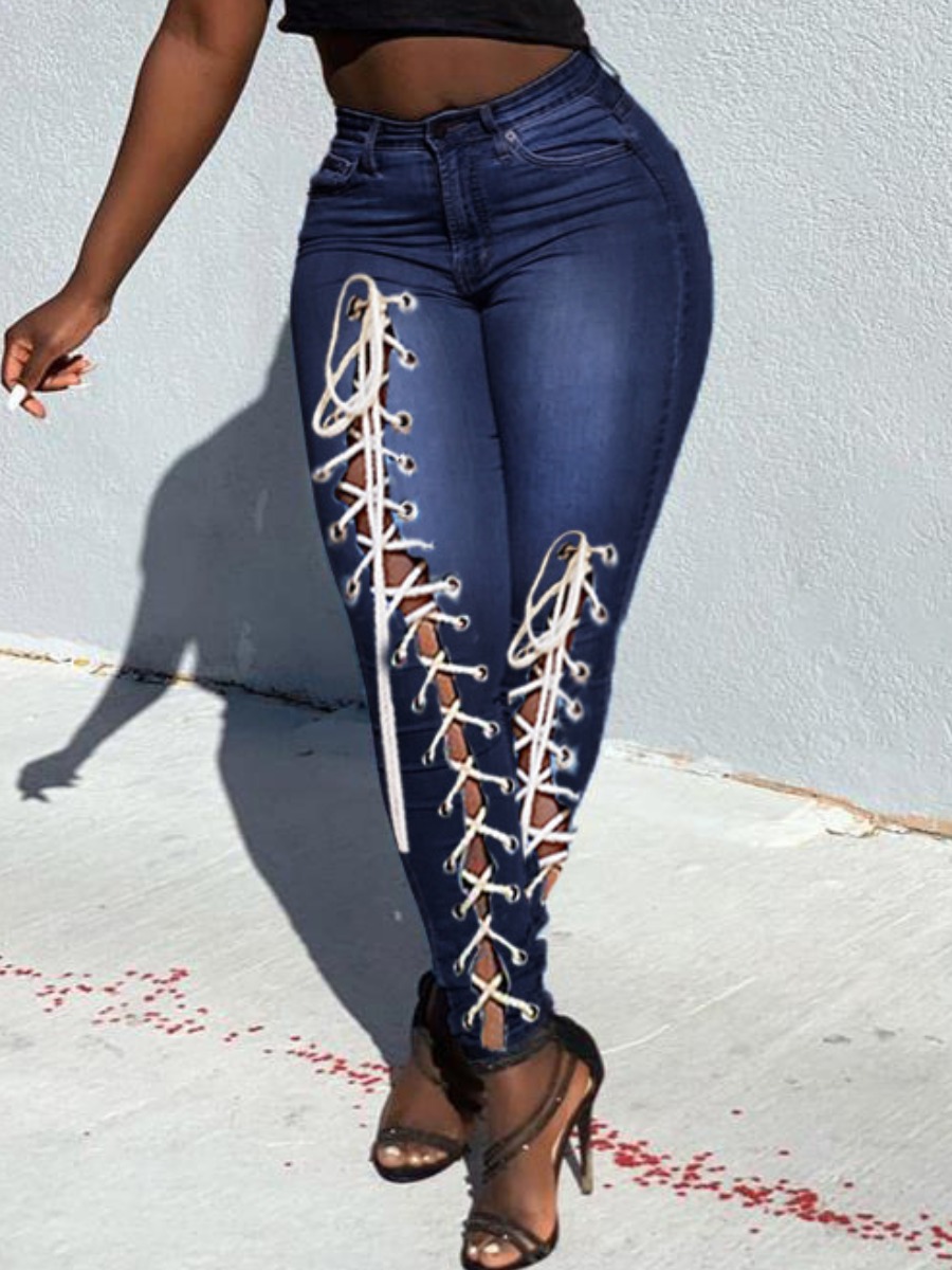

Lovely Plus Size Casual Bandage Hollow-out Design Deep Blue Jeans