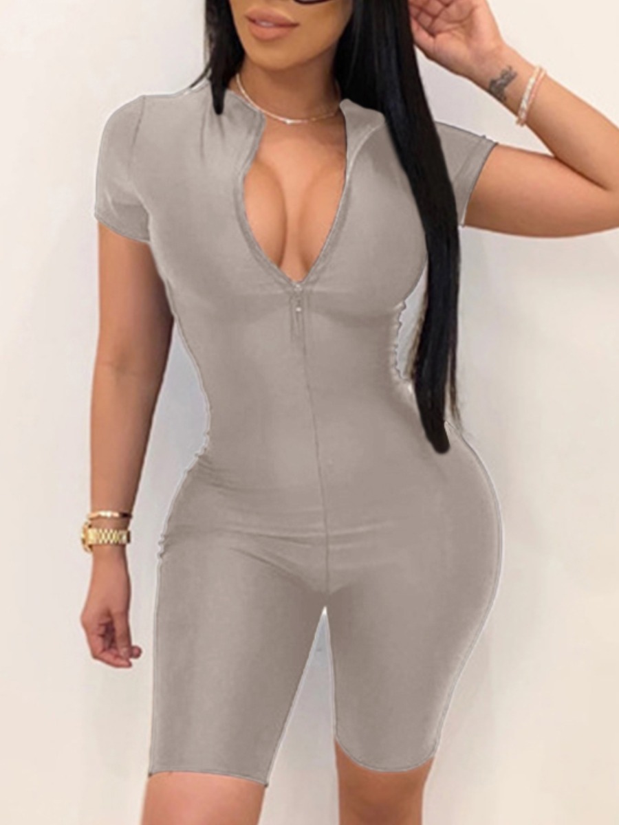 

LW Sporty Zipper Design Basic Skinny Grey One-piece Romper