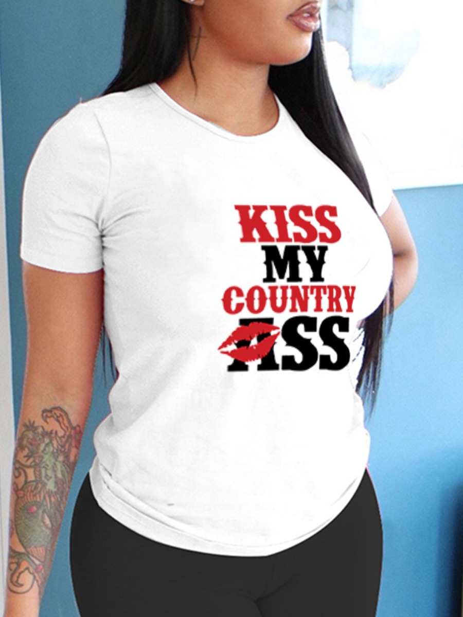

Lovely Casual Lip Letter Print White T-shirt