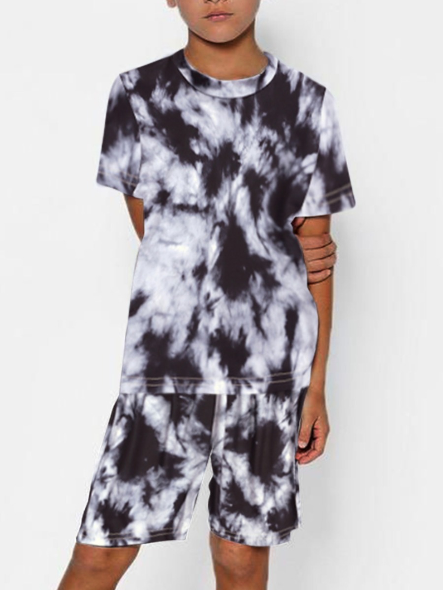 

Lovely Boy Street O Neck Tie Dye Black Two Piece Shorts Set