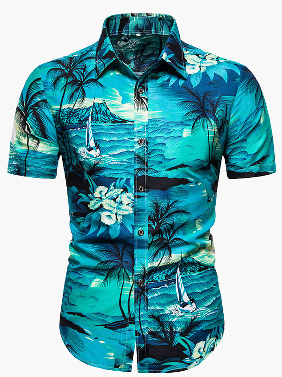 

LW Men Boho Turndown Collar Floral Print Blue Shirt