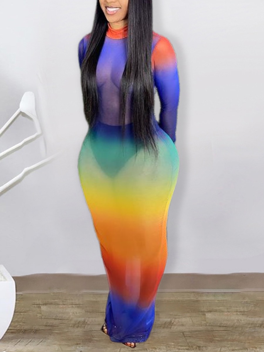 

Lovely Plus Size Sexy Tie-dye See-through Multicolor Floor Length Dress, Multi