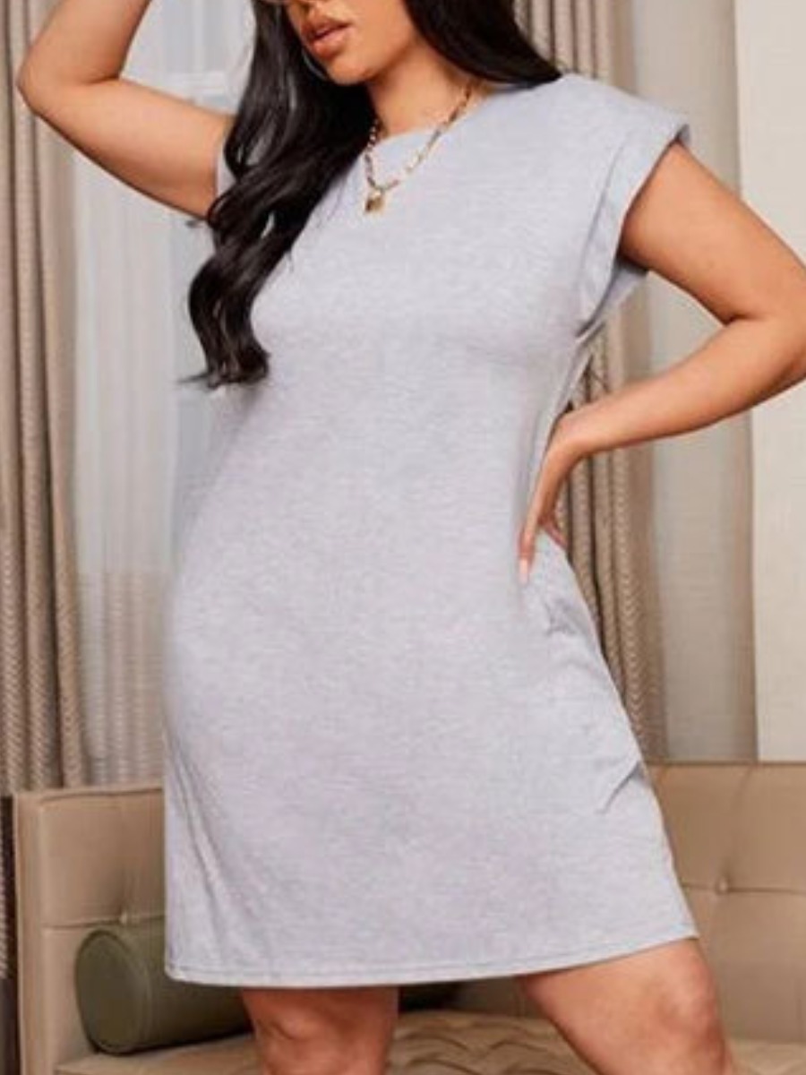 

Lovely Casual O Neck Cap Sleeve Light Grey Mini Plus Size Dress