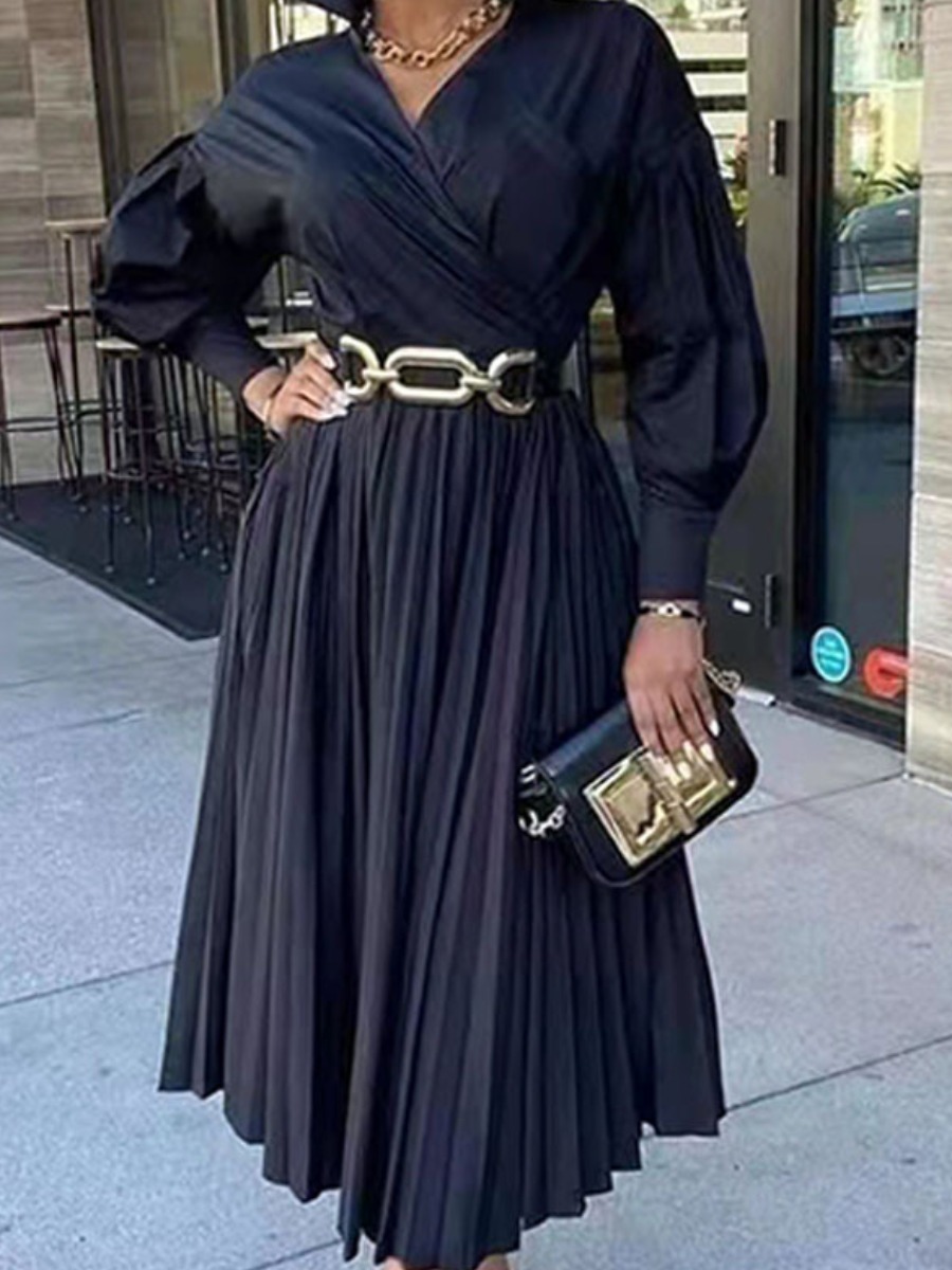 

Lovely Elegant Cross-over Pleated Black Mid Calf A Line Dress(With Belt)
