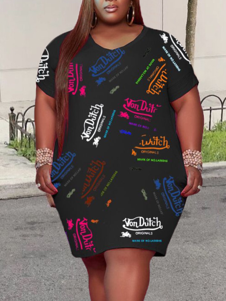 

LW BASICS Plus Size Street O Neck Letter Print Black Knee Length Dress