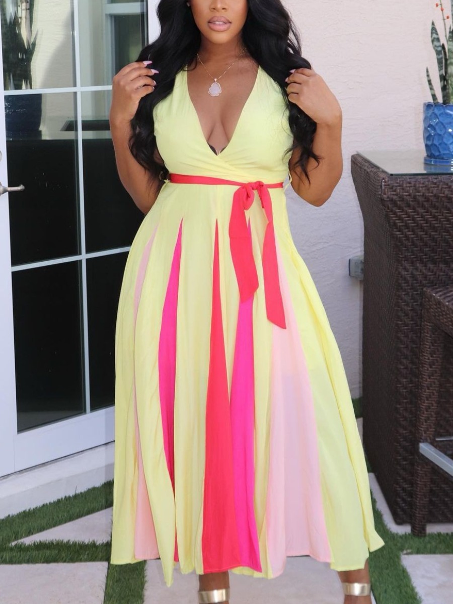 

Lovely Elegant Striped Flounce Design Multicolor Ankle Length A Line Dress, Multi