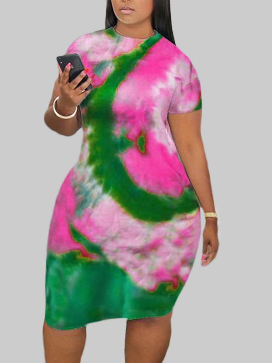 

LW Plus Size Leisure O Neck Tie-dye Purple Knee Length Dress