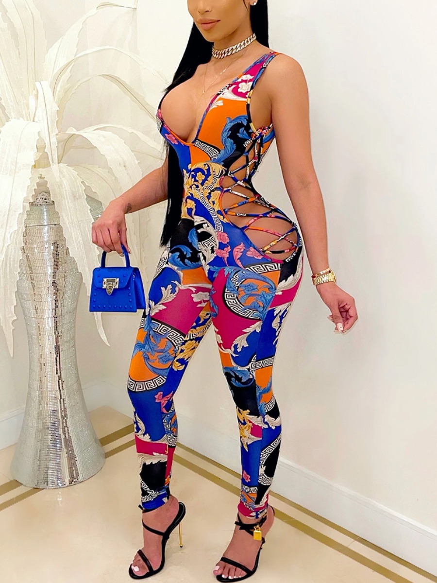

Lovely Sexy Print Backless Bandage Design Blue One-piece Jumpsuit