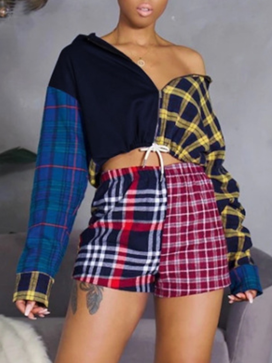 

Lovely Street Dropped Shoulder Plaid Print Multicolor Two Piece Shorts Set, Multi