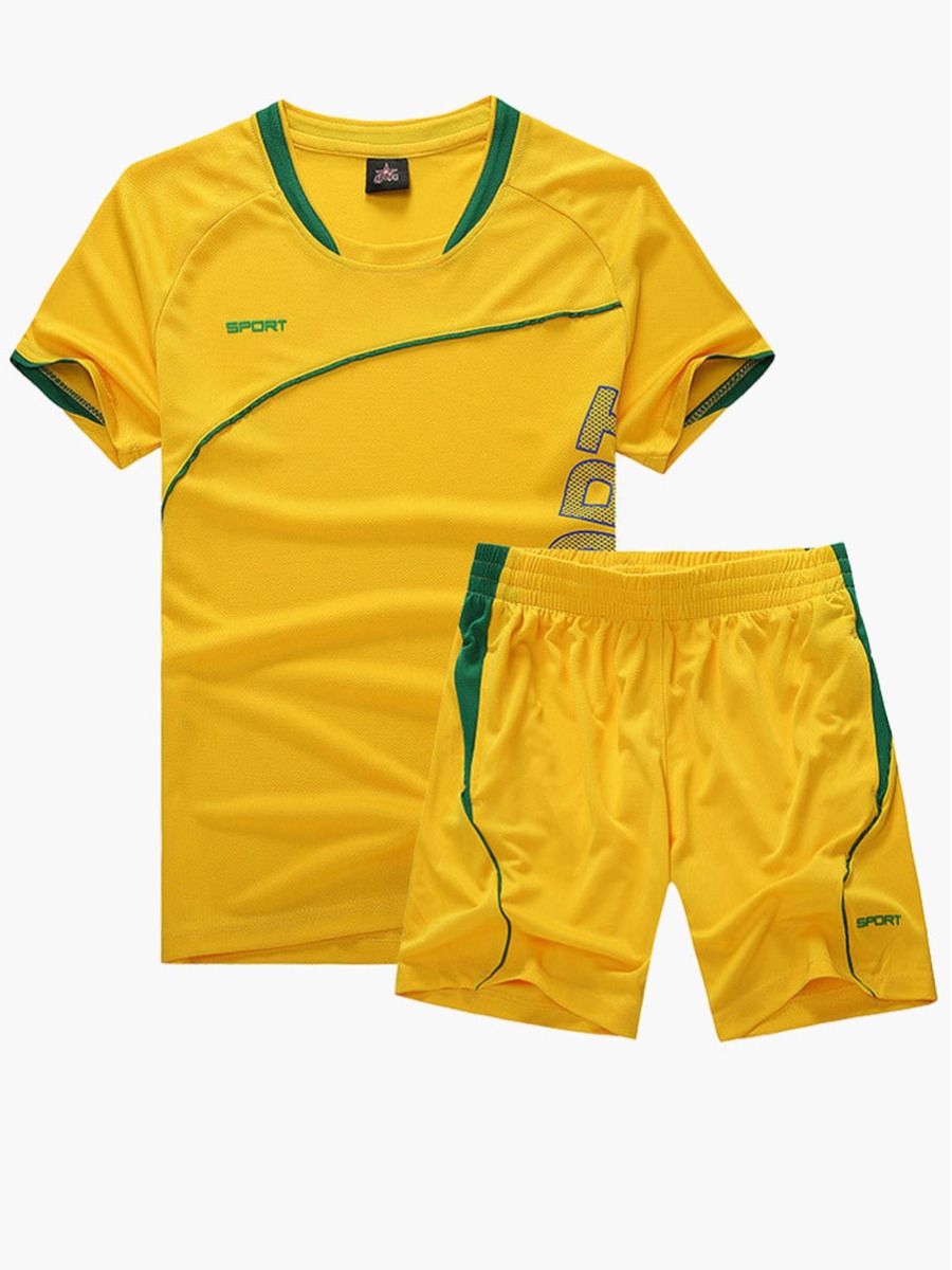 

Lovely Men Sporty Letter Print Patchwork Yellow Two Piece Shorts Set