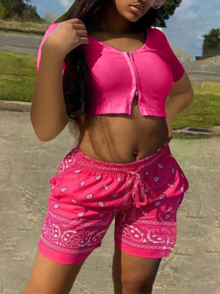 

Lovely Street Cashew Print Drawstring Pink Two Piece Shorts Set
