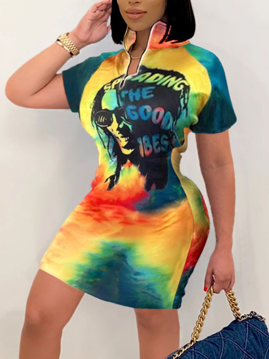

Lovely Street Letter Print Tie-dye Multicolor Mini Dress, Multi
